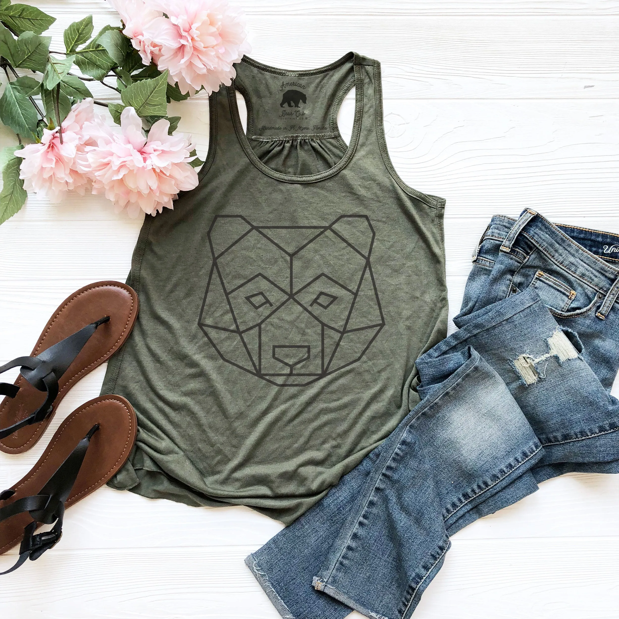 Geometric Bear Head flowy racerback tank tops - light or dark artwork