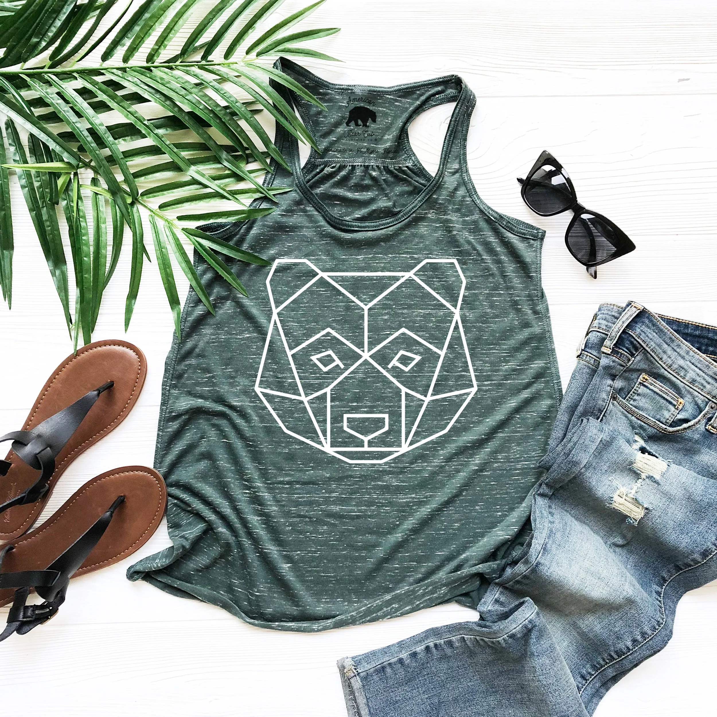 Geometric Bear Head flowy racerback tank tops - light or dark artwork