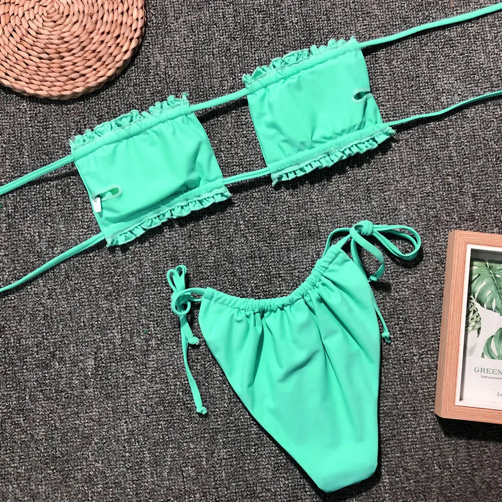 Gerafftes Bikini-Set mit Rüschenbesatz