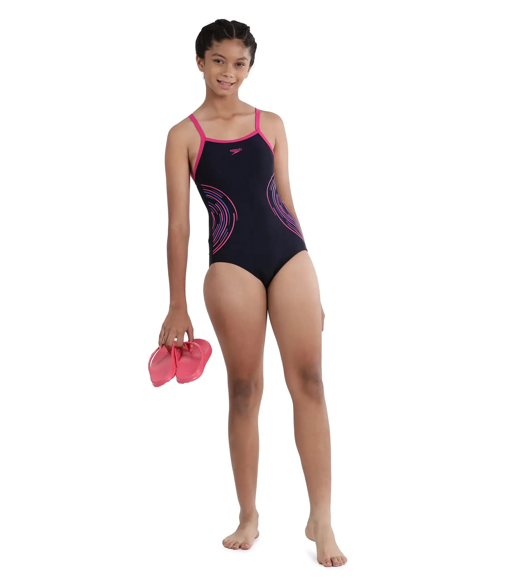 Girl's Endurance Plastisol Placement Thinstrap Muscleback Swimwear - True Navy & Electric Pink