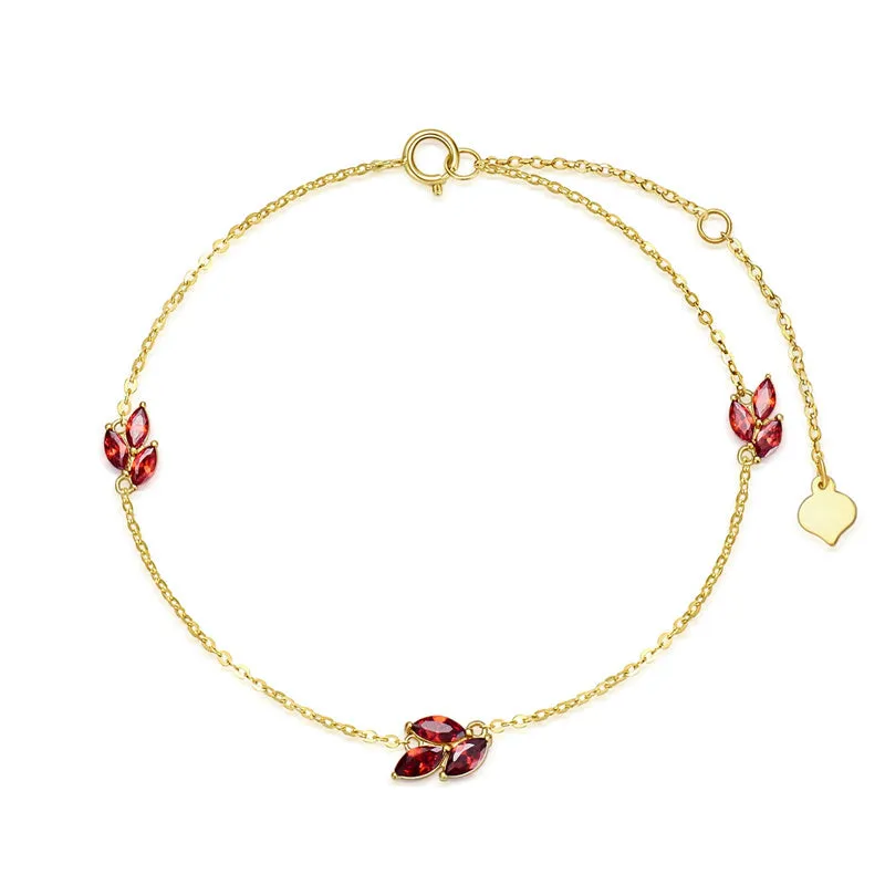 Gold Bracelets for Women 9k/14k Real Gold, Leaf Bracelet with Red Garnet Birthday/Mothers Day Gift for Mom Wife Girlfriend Her 6.5'' 1'' 1''