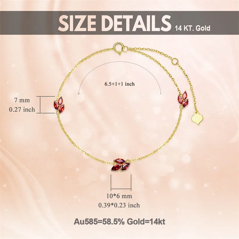 Gold Bracelets for Women 9k/14k Real Gold, Leaf Bracelet with Red Garnet Birthday/Mothers Day Gift for Mom Wife Girlfriend Her 6.5'' 1'' 1''