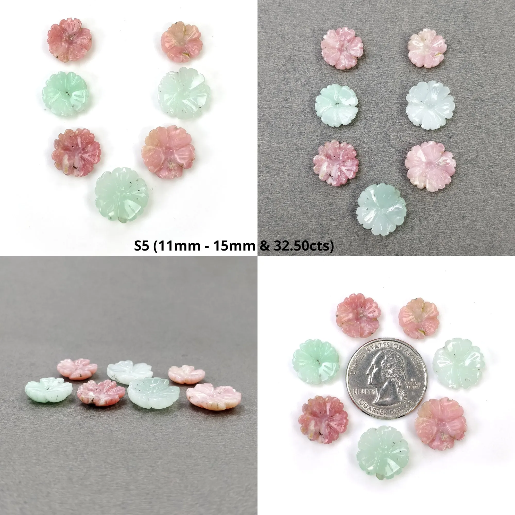 Green CHRYSOPRASE & PINK OPAL Gemstone Carving : Natural Untreated Untreated Hand Carved Flower 2pcs 3pcs 4pcs 7pcs 8pcs Set