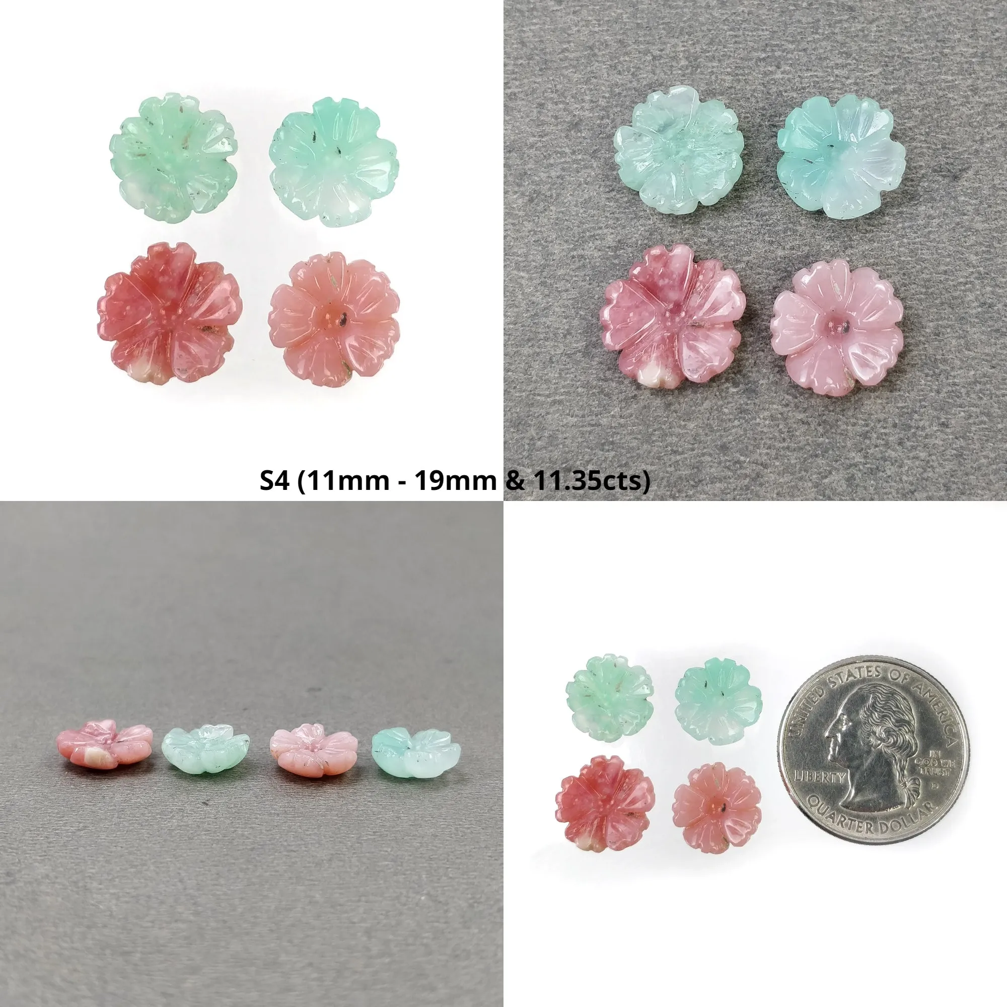 Green CHRYSOPRASE & PINK OPAL Gemstone Carving : Natural Untreated Untreated Hand Carved Flower 2pcs 3pcs 4pcs 7pcs 8pcs Set