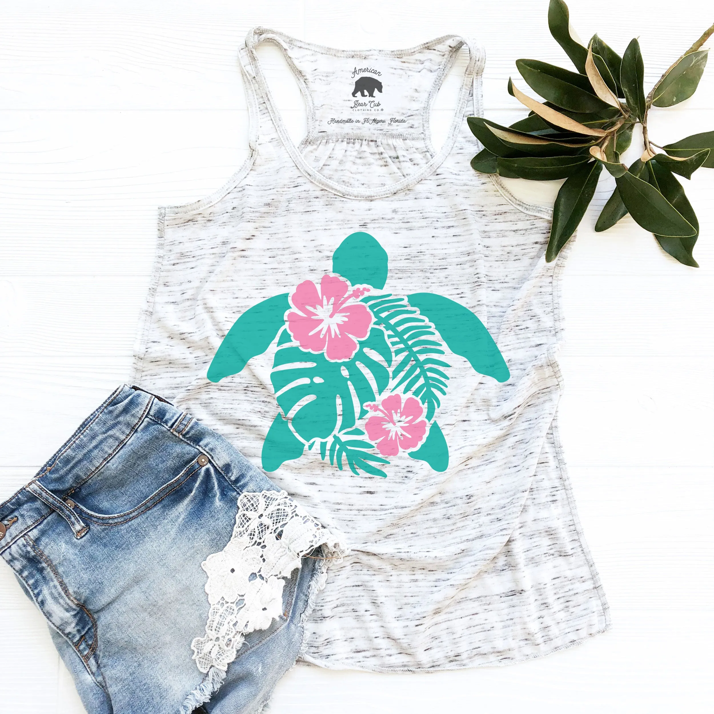 Hibiscus Sea Turtle flowy racerback tank top