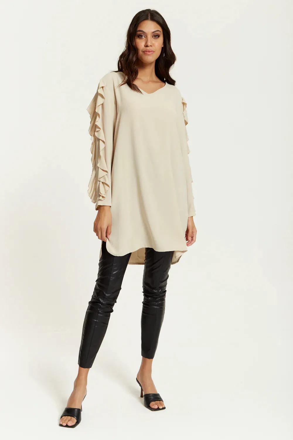 Hoxton Gal Oversized V Neck Ruffle Sleeves Tunic