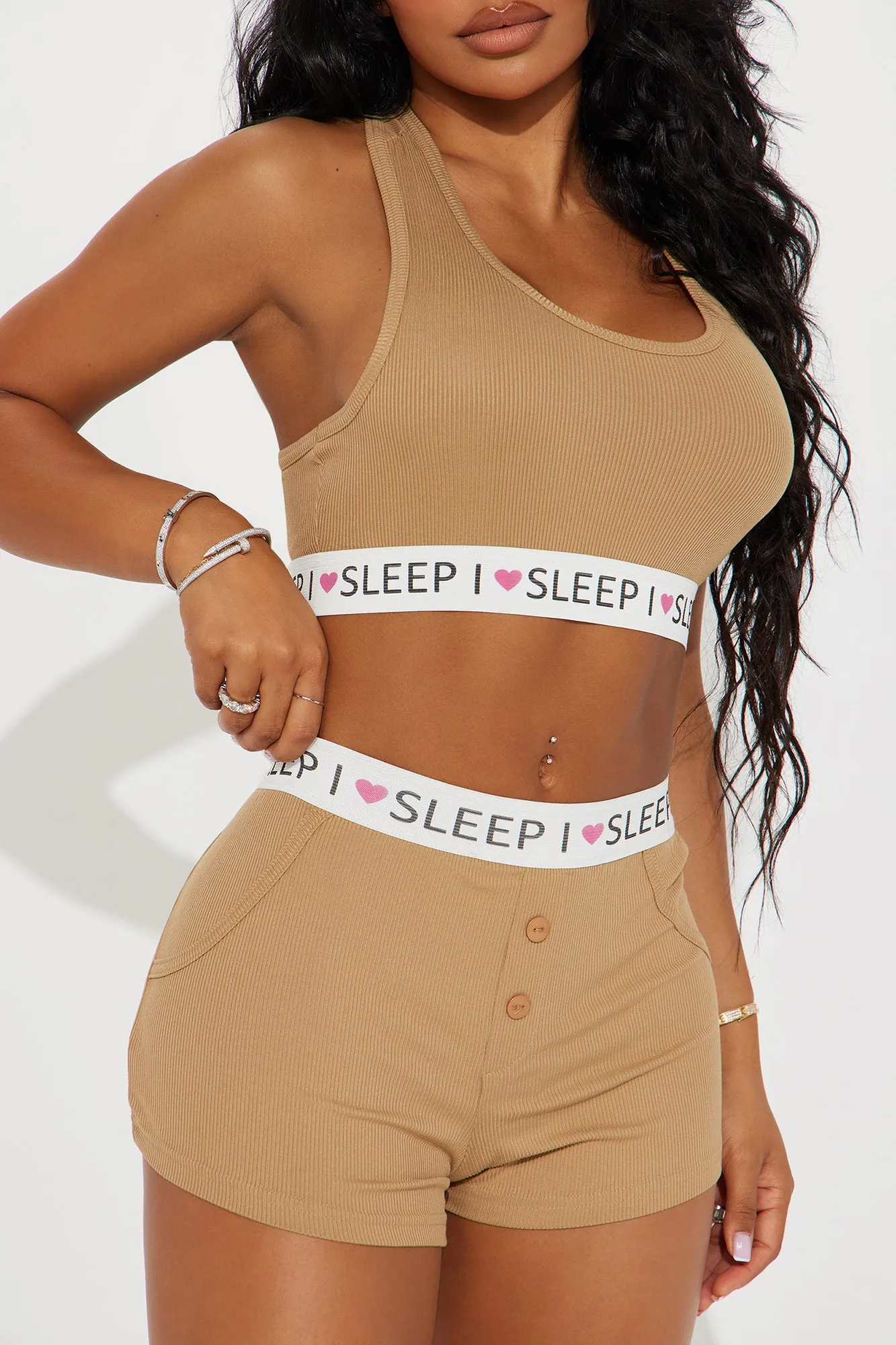 I Heart Sleeping Ribbed PJ Short Set - Tan