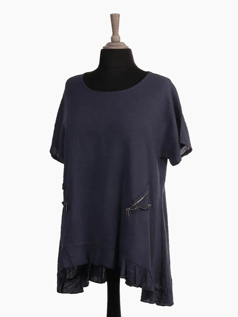 Italian Zip Detail Frilled Linen BlendTunic Top