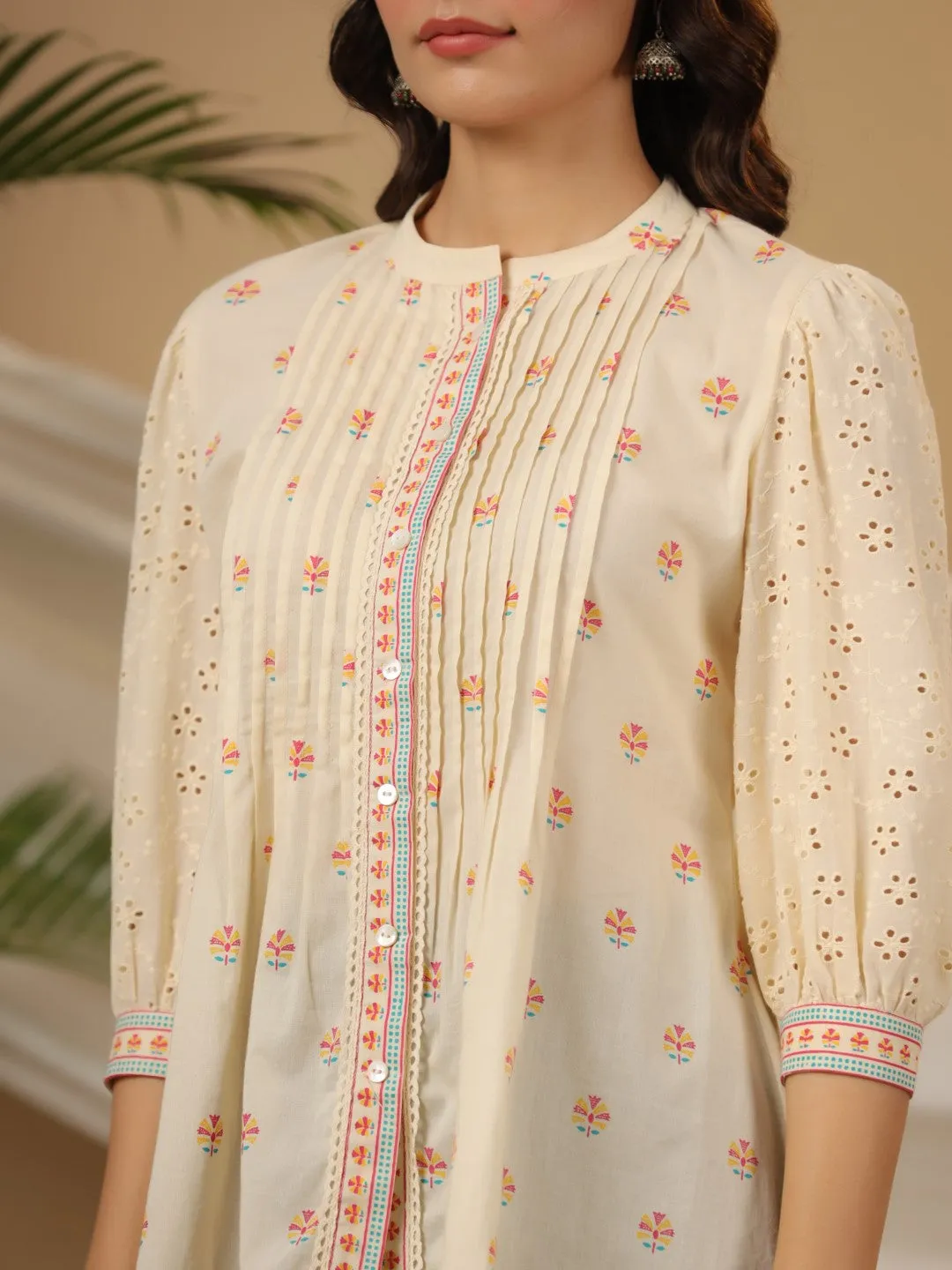 Juniper Off-white Ethnic Motif Printed Pure Cotton Tunic With Lace