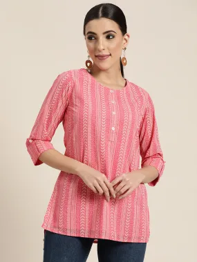 Juniper Pink Ethnic Motif Printed Georgette High-Low Tunic.