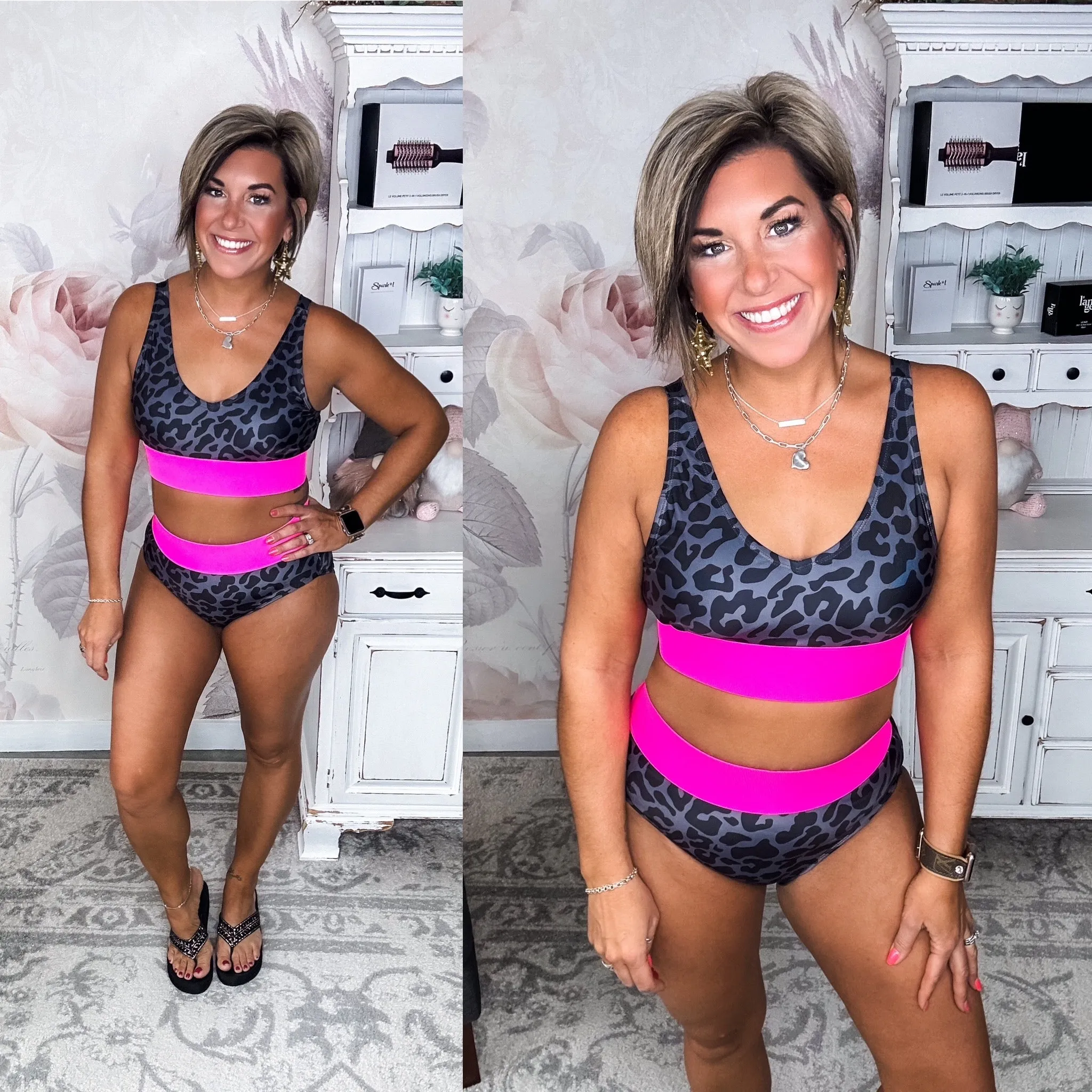 Kissed By The Sun Bikini Swim Top - Charcoal Leopard & Neon Pink