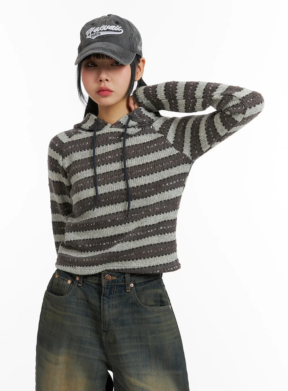 Knit Stripe Drawstring Long Sleeve Hoodie CJ411