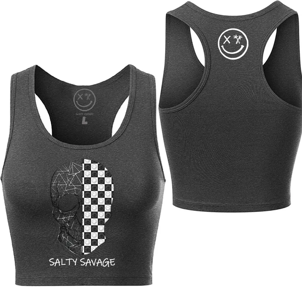 Ladies “Spliced Checkered Geo Skull” Racerback Crop Tank | Black & White