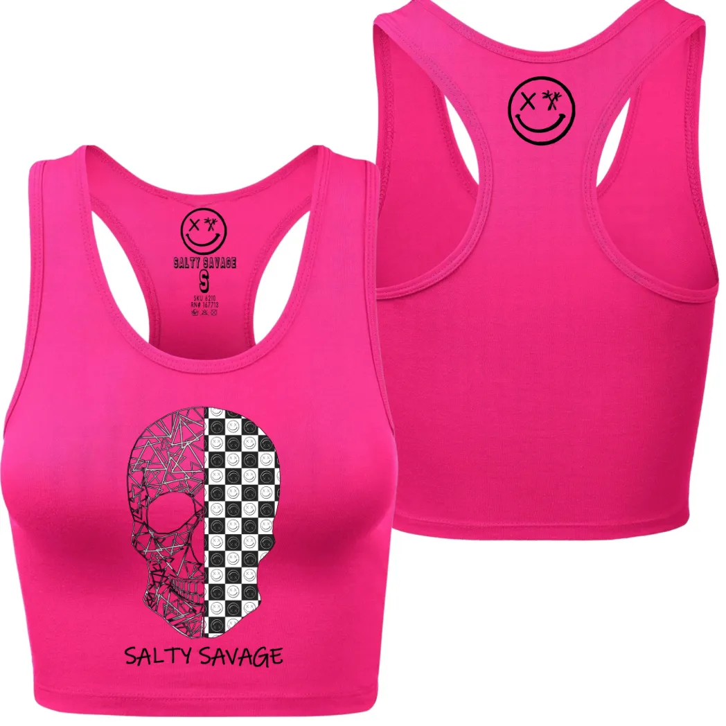 Ladies “Spliced Checkered Geo Skull” Racerback Crop Tank | Black & White