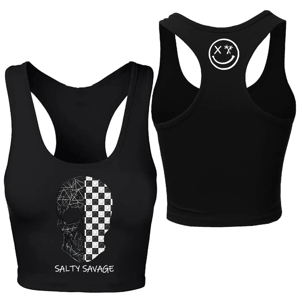 Ladies “Spliced Checkered Geo Skull” Racerback Crop Tank | Black & White