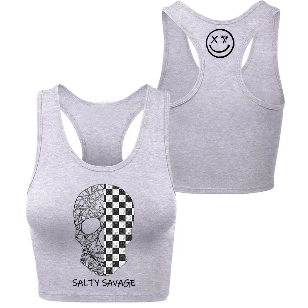 Ladies “Spliced Checkered Geo Skull” Racerback Crop Tank | Black & White