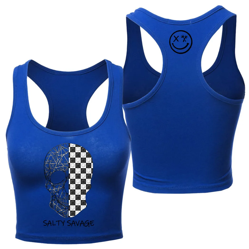 Ladies “Spliced Checkered Geo Skull” Racerback Crop Tank | Black & White