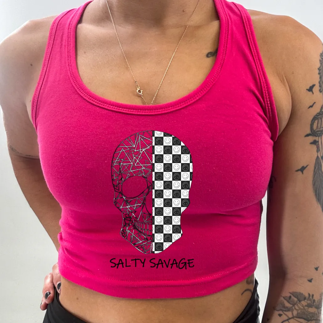 Ladies “Spliced Checkered Geo Skull” Racerback Crop Tank | Black & White