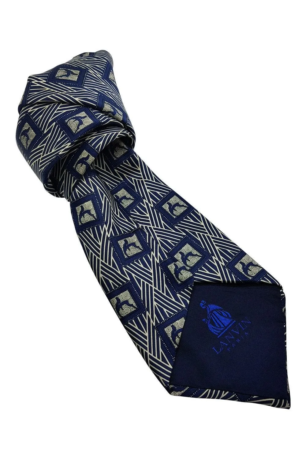 LANVIN Blue 100% Silk Geometric Print Classic Length Designer Tie (58)