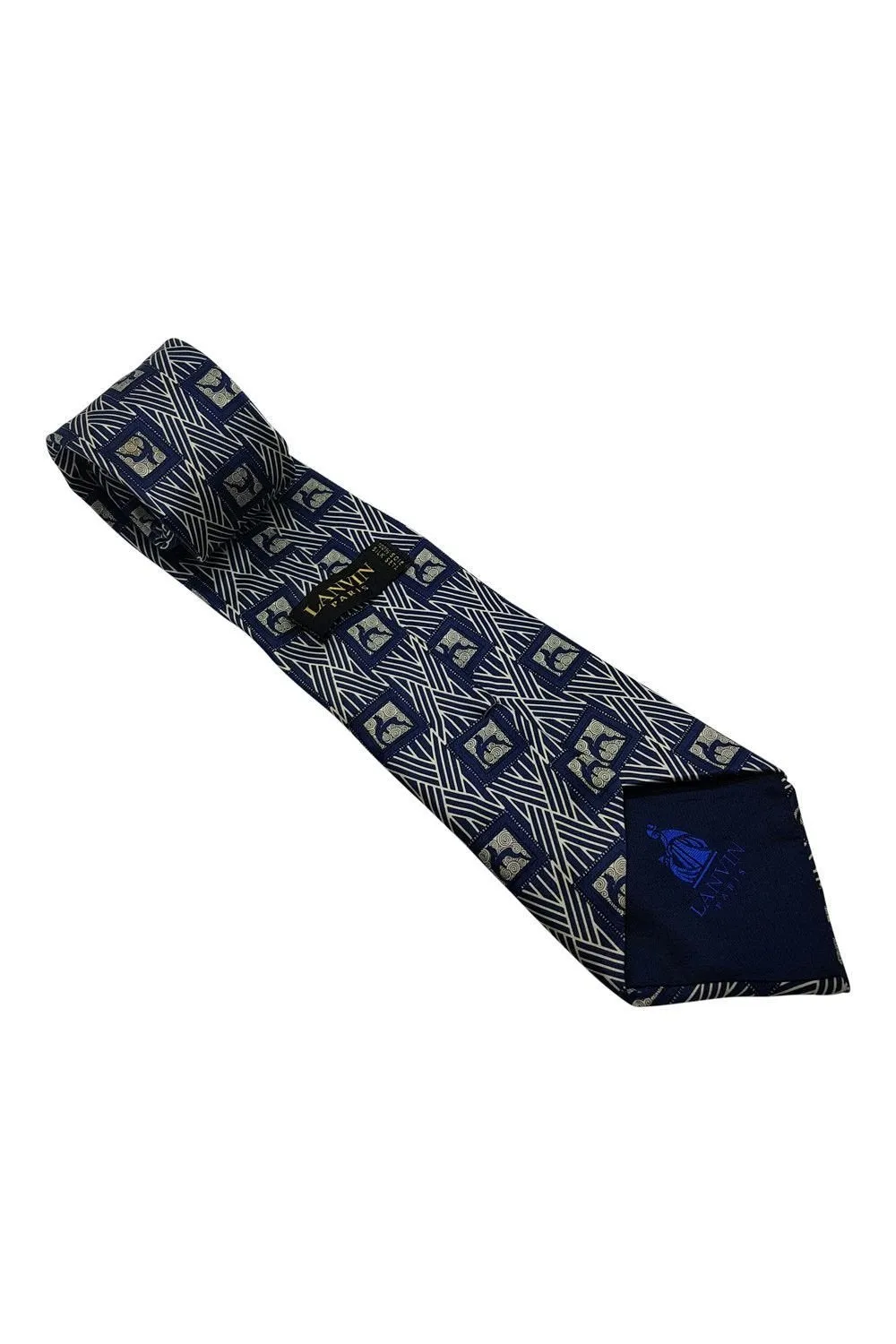 LANVIN Blue 100% Silk Geometric Print Classic Length Designer Tie (58)