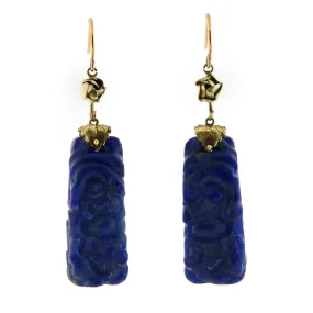 Late Art Deco Chinese 14kt Carved Sodalite Earrings