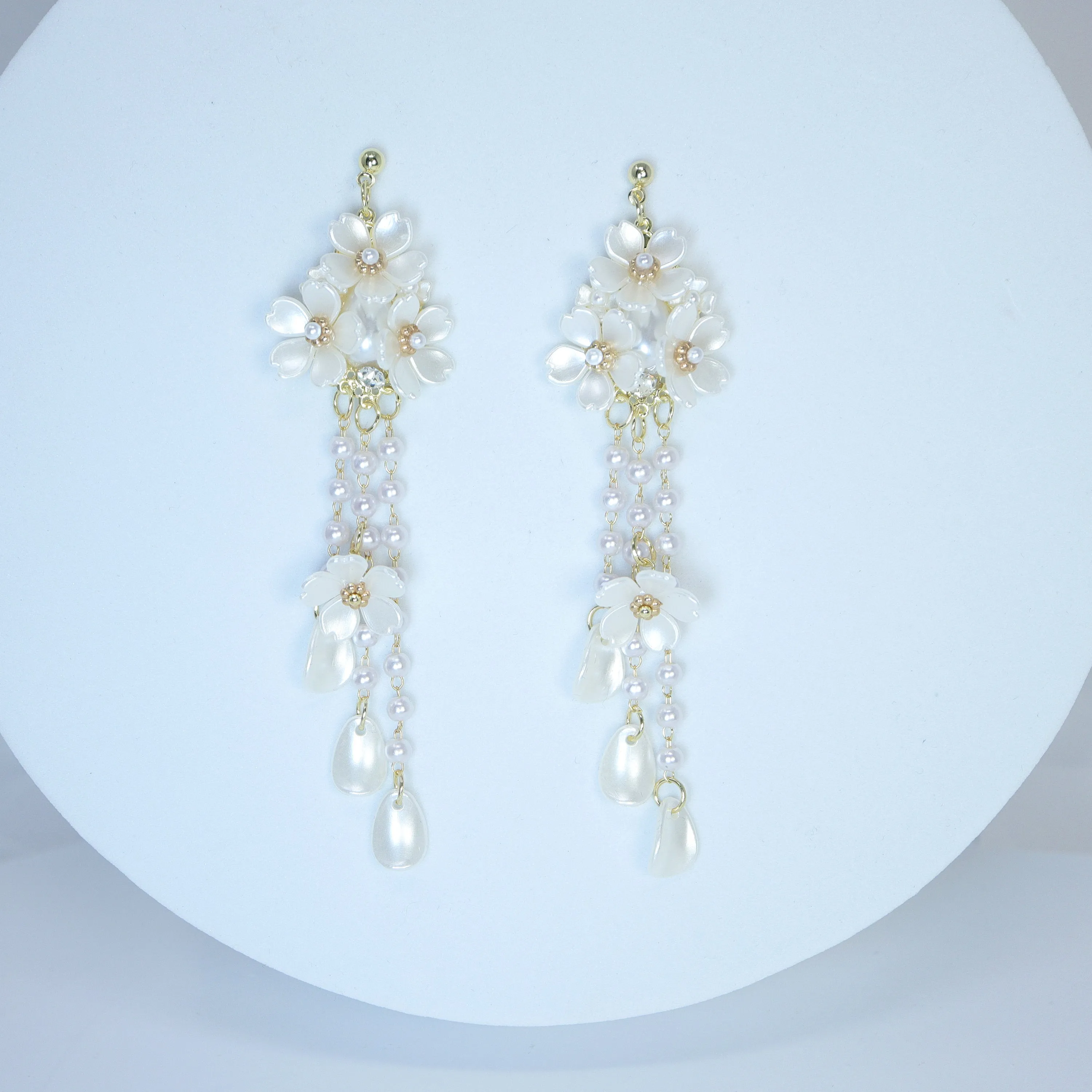 Light Weight Gold Swarovski Crystal Faux pearl White Floral Petal Drop earrings, Long Tassel Bridal Earrings Statement earrings