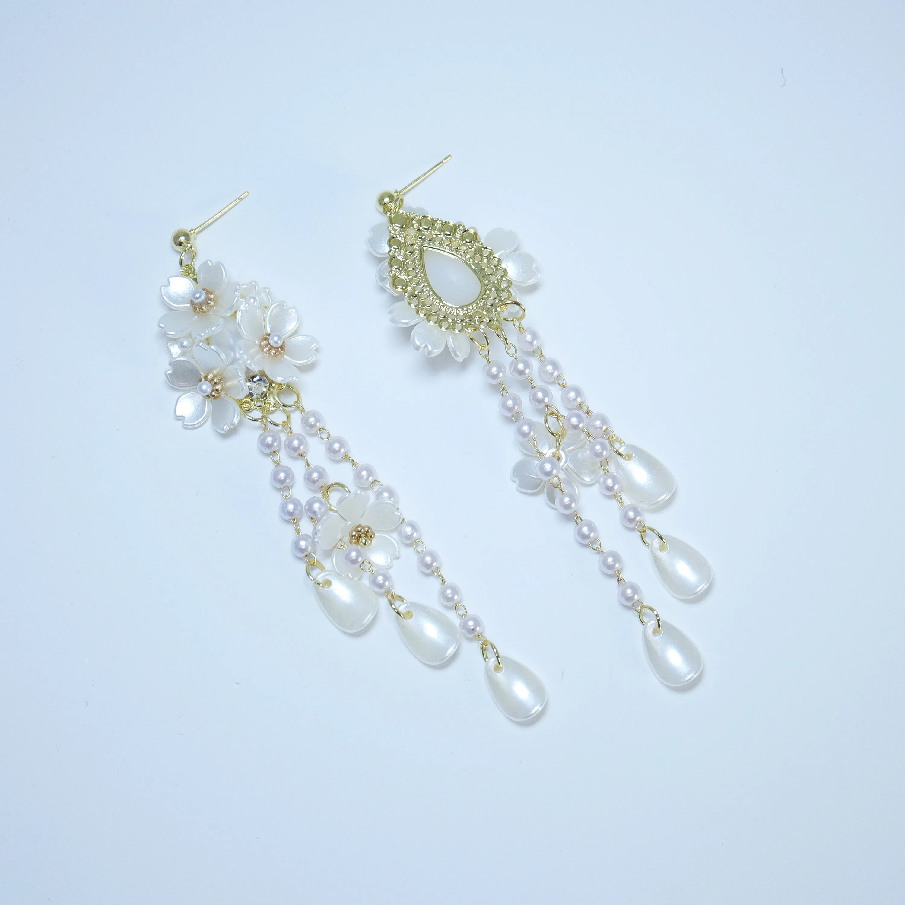 Light Weight Gold Swarovski Crystal Faux pearl White Floral Petal Drop earrings, Long Tassel Bridal Earrings Statement earrings