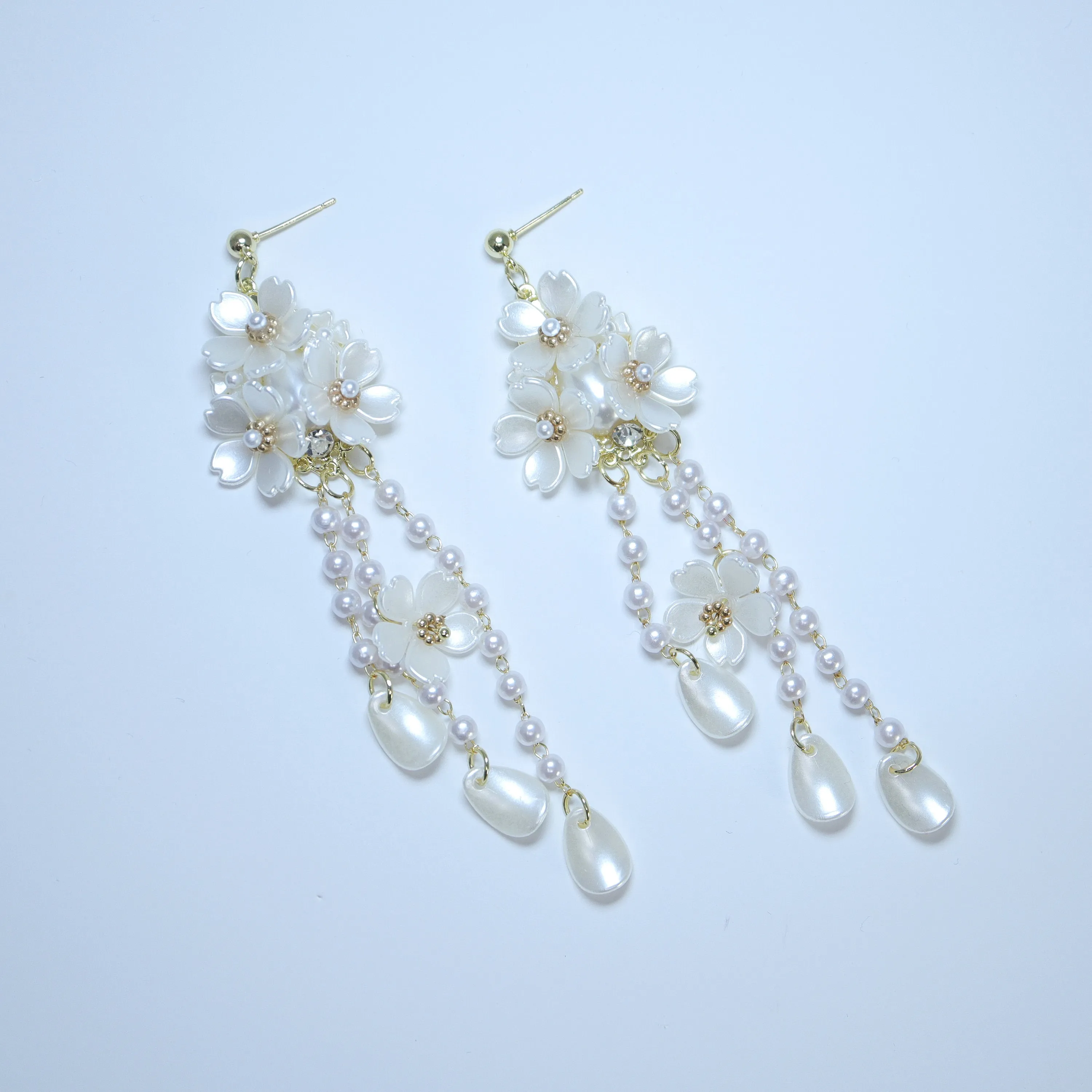 Light Weight Gold Swarovski Crystal Faux pearl White Floral Petal Drop earrings, Long Tassel Bridal Earrings Statement earrings