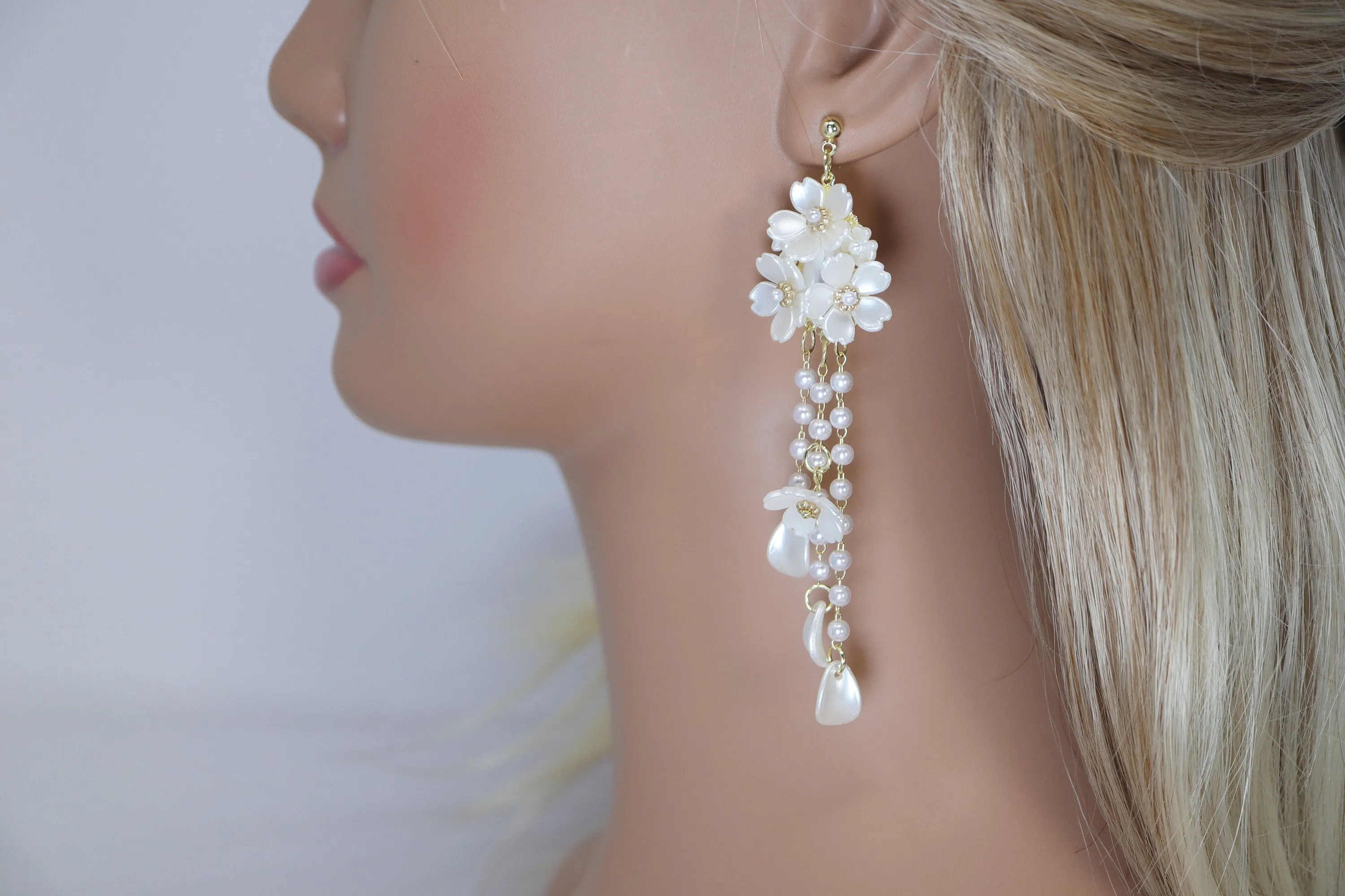 Light Weight Gold Swarovski Crystal Faux pearl White Floral Petal Drop earrings, Long Tassel Bridal Earrings Statement earrings