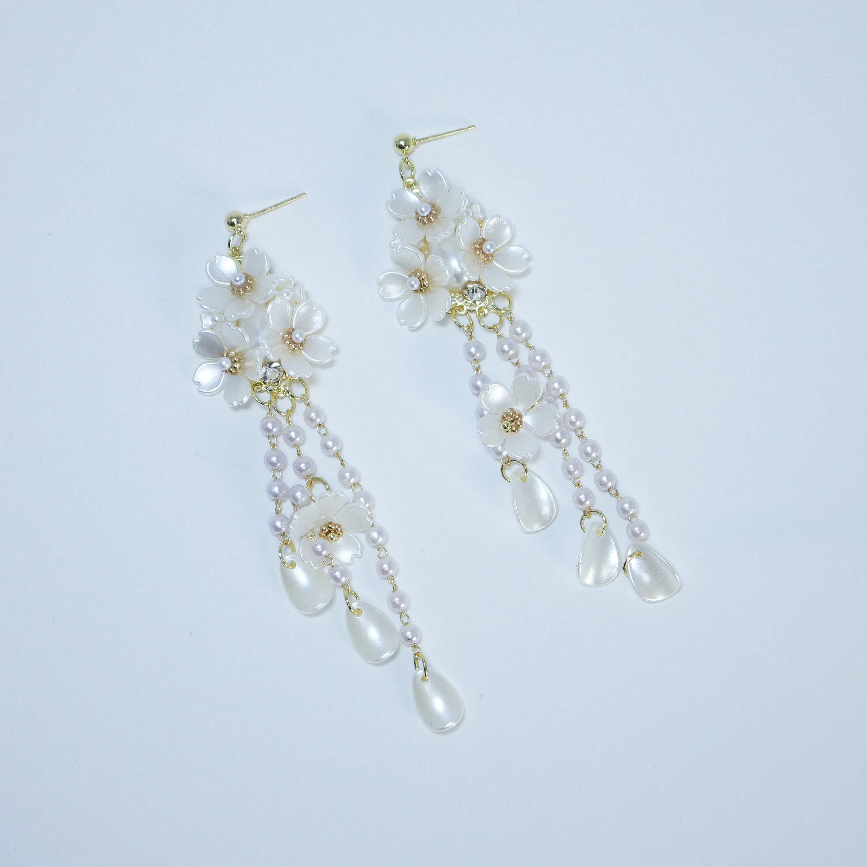 Light Weight Gold Swarovski Crystal Faux pearl White Floral Petal Drop earrings, Long Tassel Bridal Earrings Statement earrings