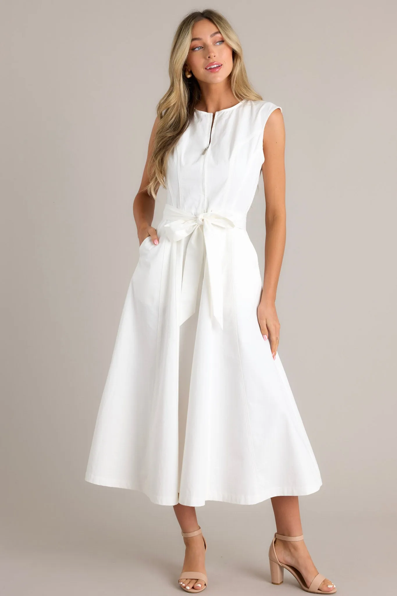 Lily Petal White Denim Zip Up Midi Dress