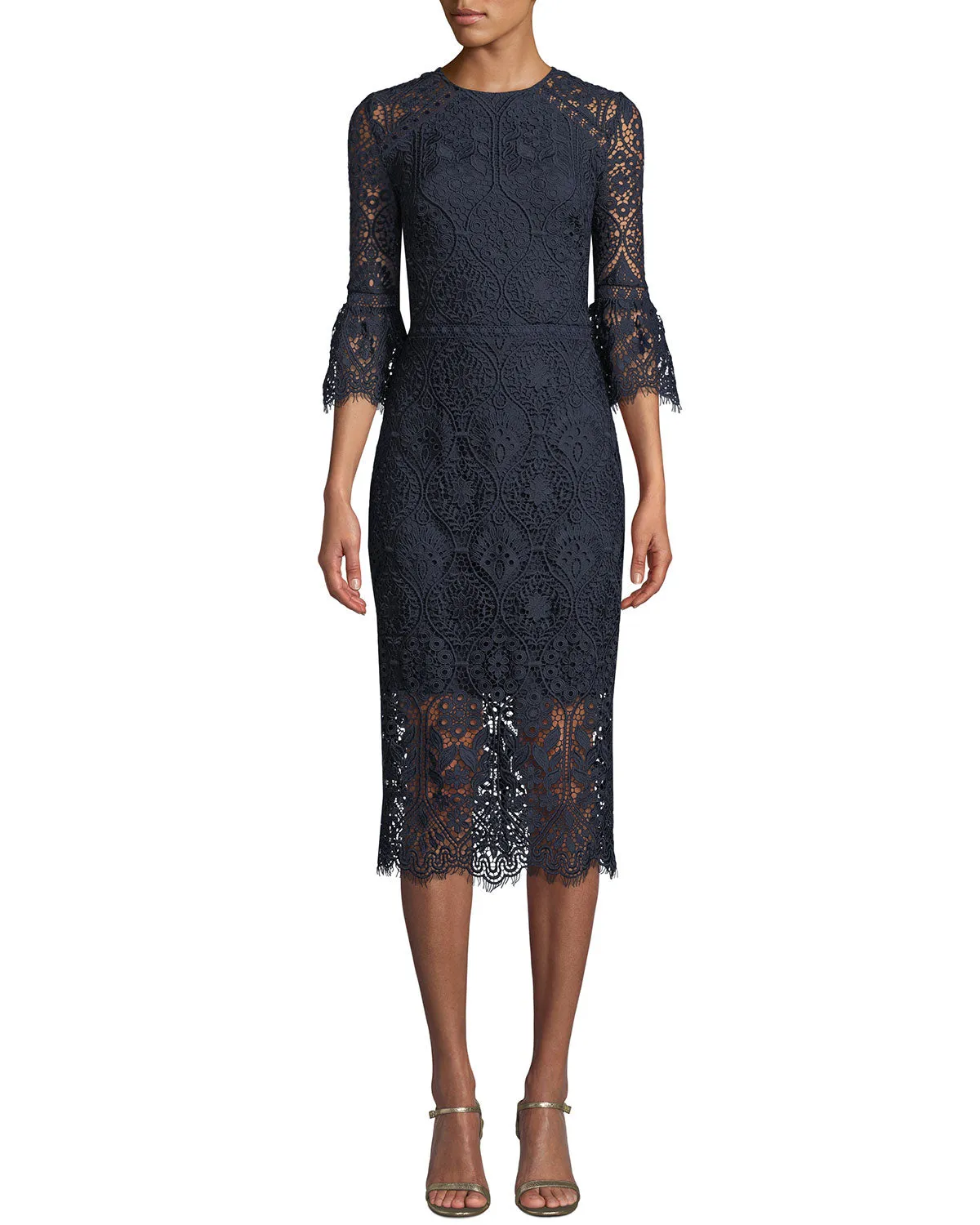 Louisa 3/4 Sleeve Tea Length Dress - Navy Lace