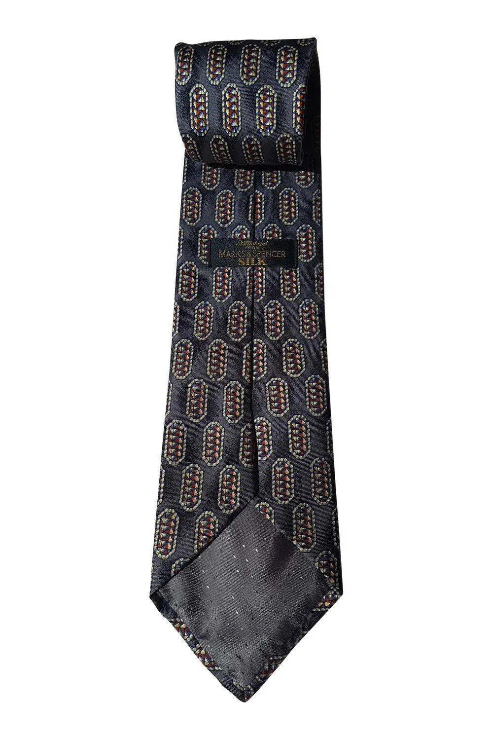 MARKS & SPENCER 100% Silk Geometric Patterned Grey Tie (58.5)