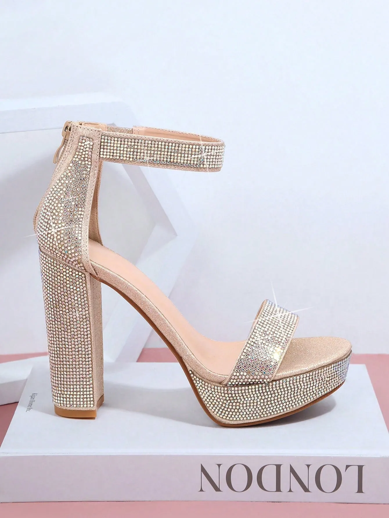 Metallic PU Open Toe Ankle Strap Platform Heels