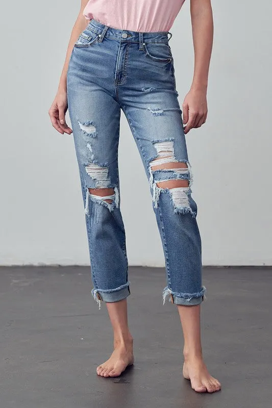 Mid Rise Stretch Raw Hem Ripped Boyfriend Jeans