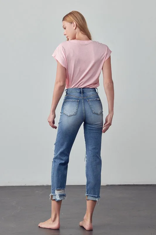 Mid Rise Stretch Raw Hem Ripped Boyfriend Jeans