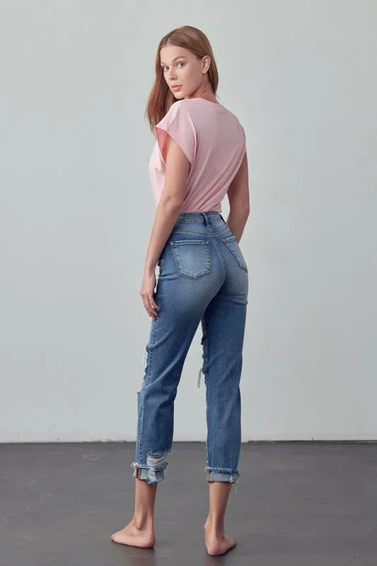 Mid Rise Stretch Raw Hem Ripped Boyfriend Jeans