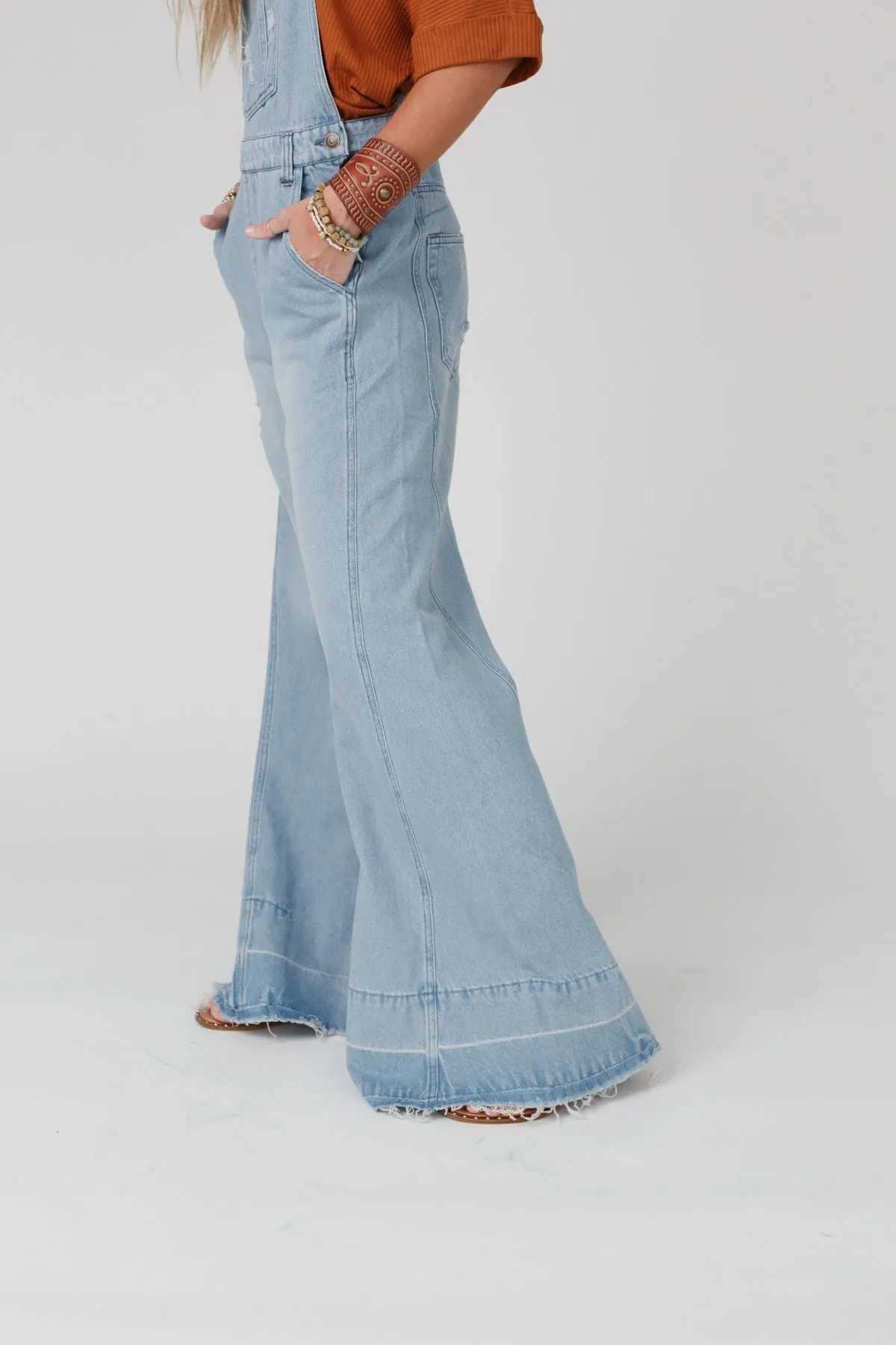 Milly Distressed Hem Wide Leg Overall - Denim