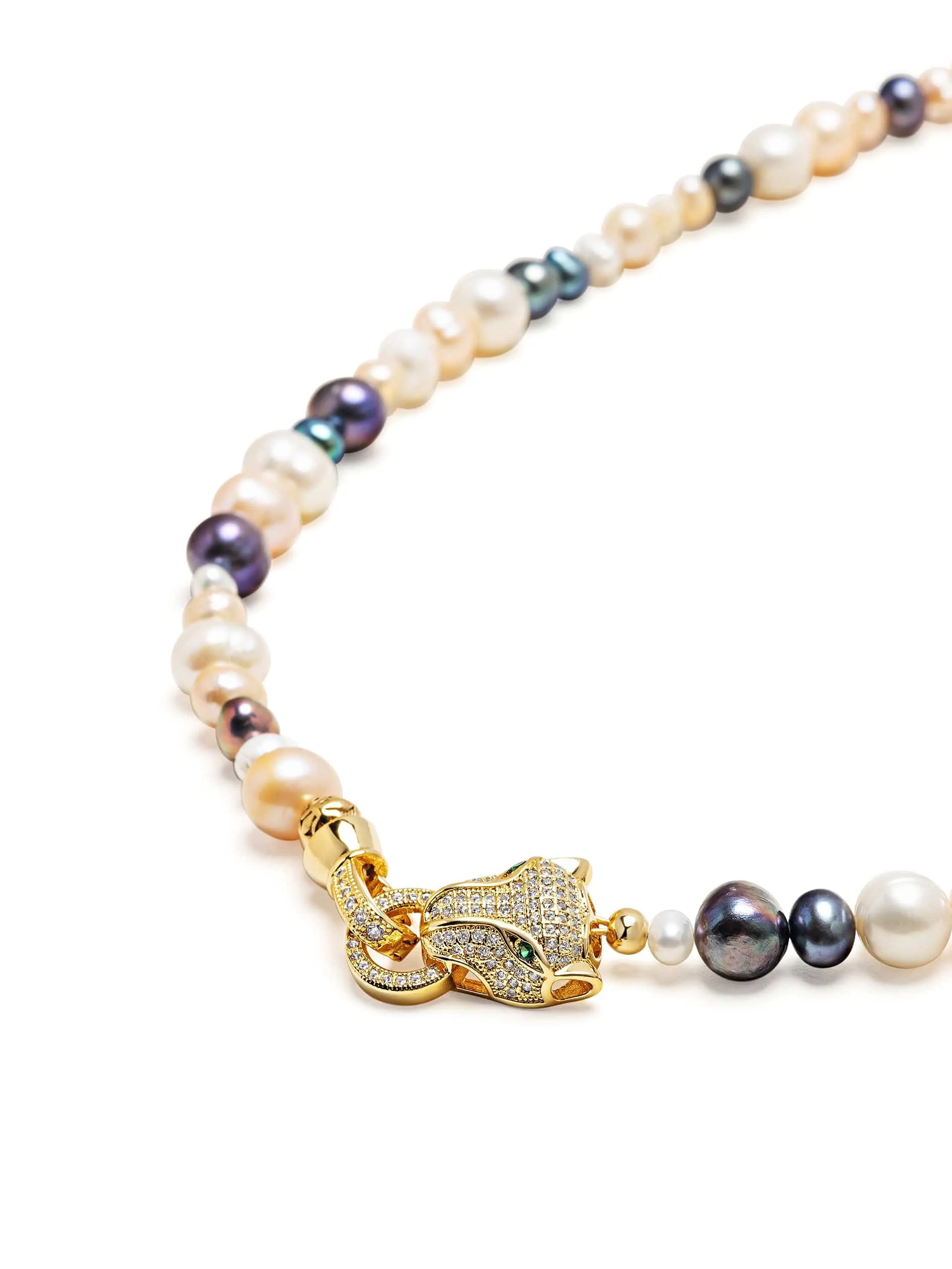 Multi-Colored Pearl Necklace with Gold Plated Panther Head Lock