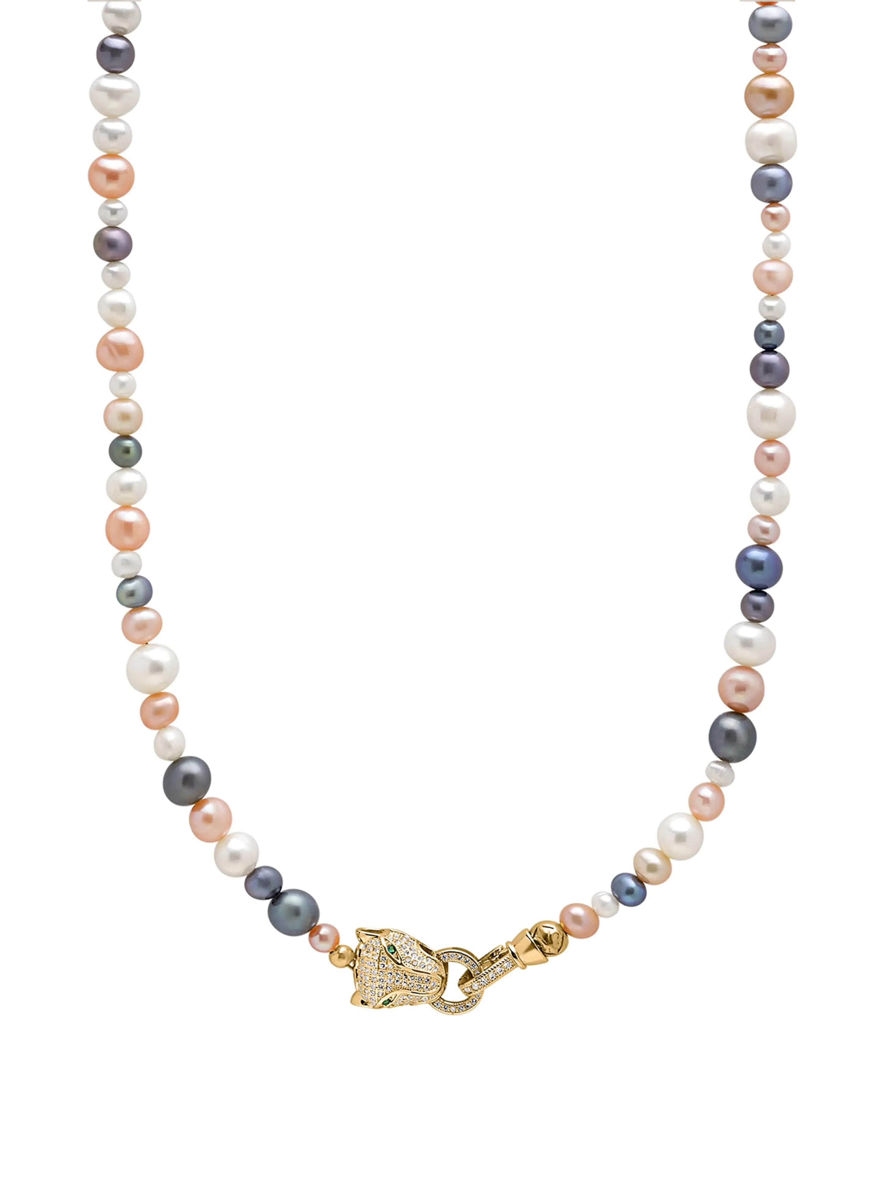 Multi-Colored Pearl Necklace with Gold Plated Panther Head Lock