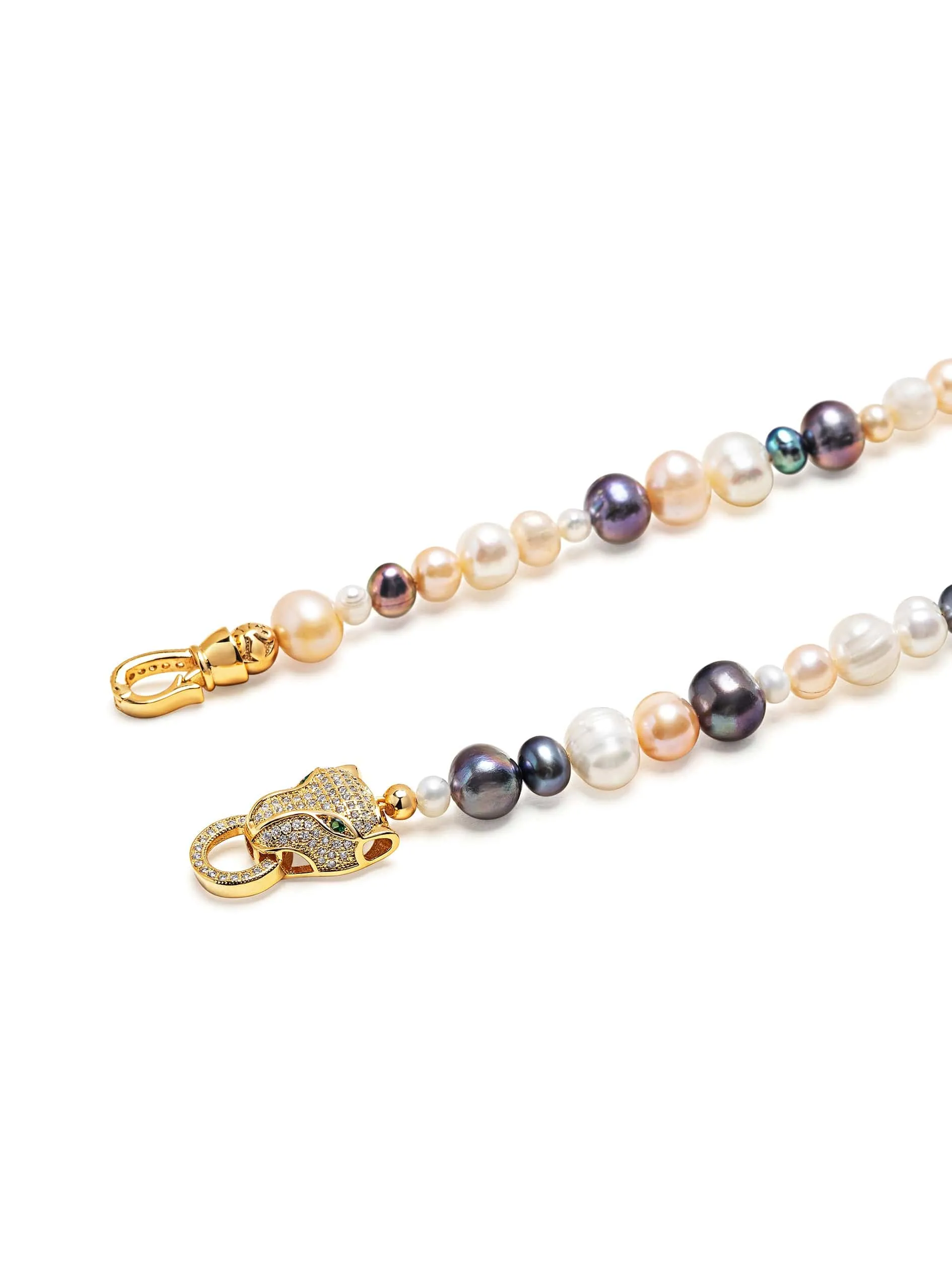 Multi-Colored Pearl Necklace with Gold Plated Panther Head Lock