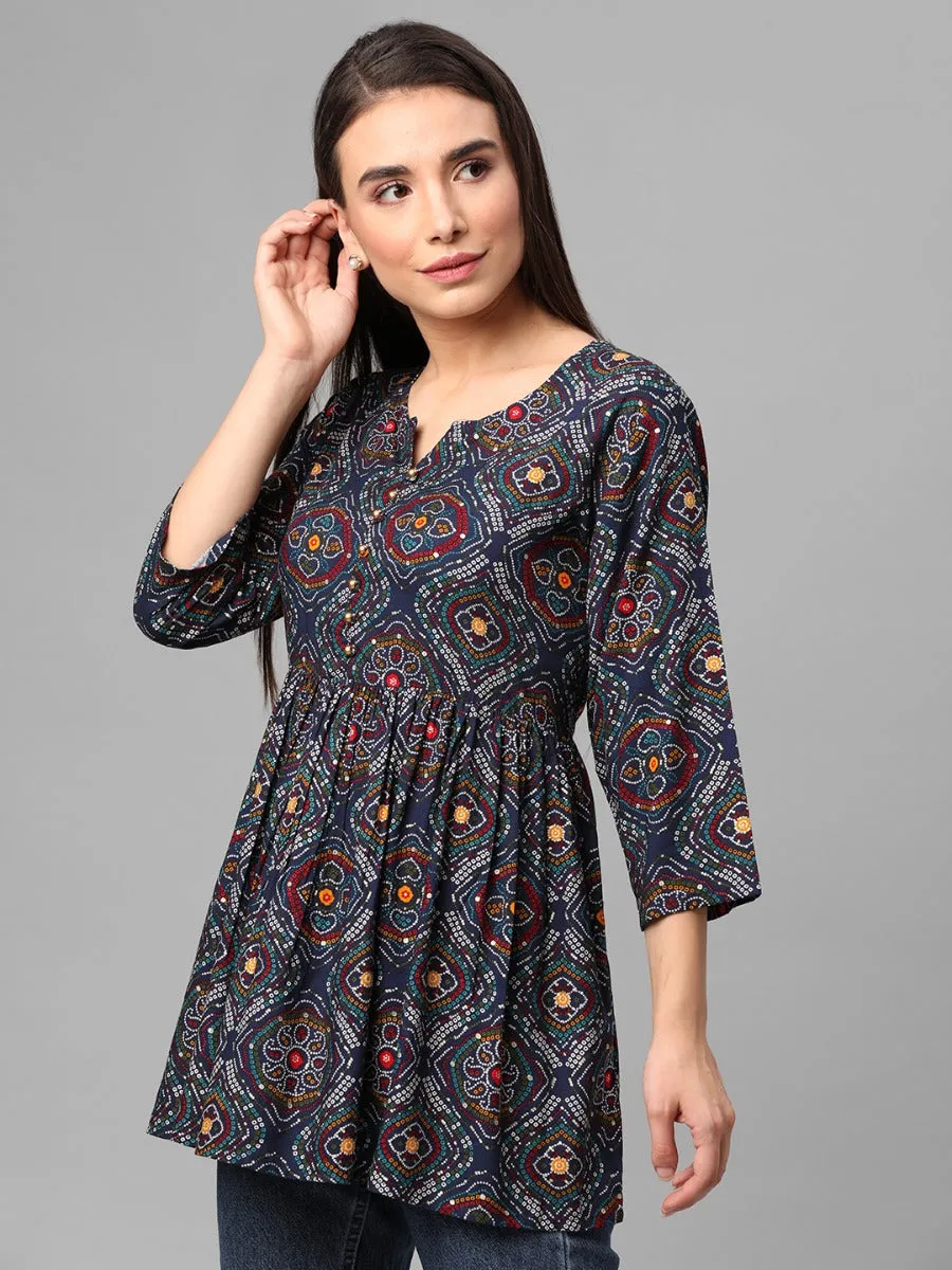 Navy Blue Ornamental Print Tunic