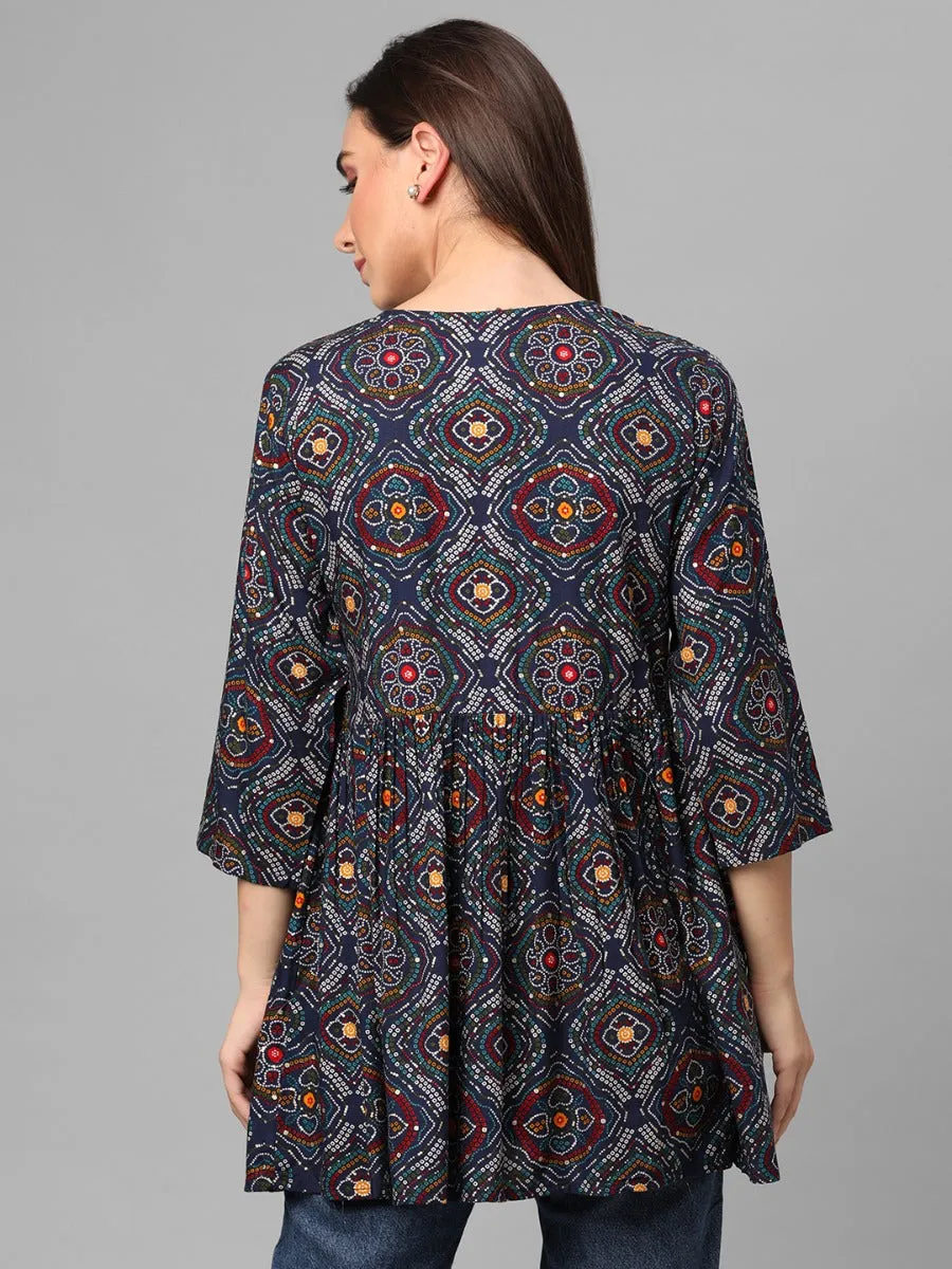 Navy Blue Ornamental Print Tunic