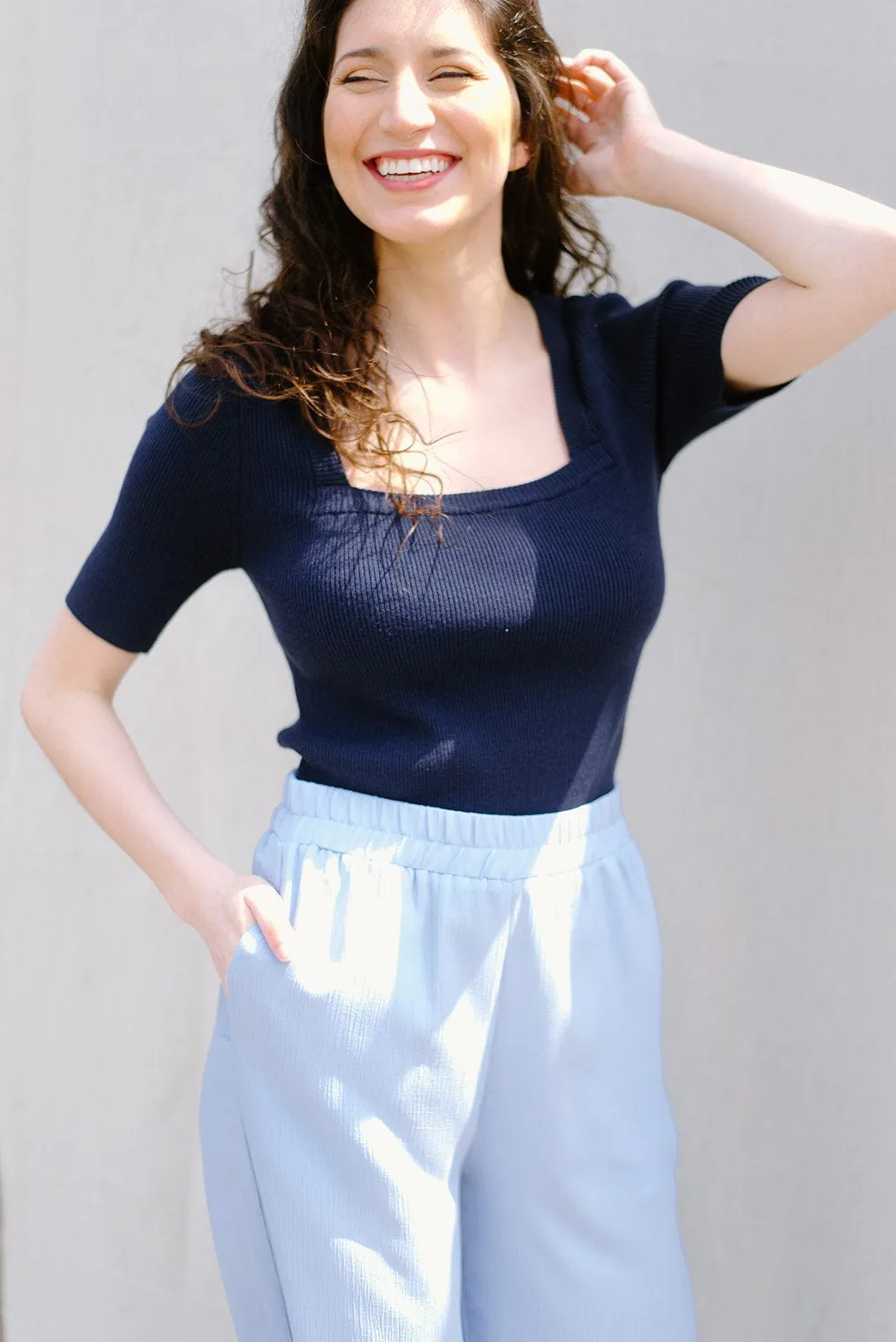 Navy Square Neck Short Sleeve Top