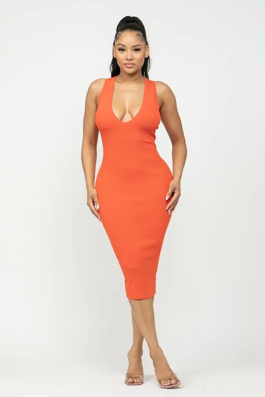 Olivia V-Cut Racerback Midi Dress (Orange)