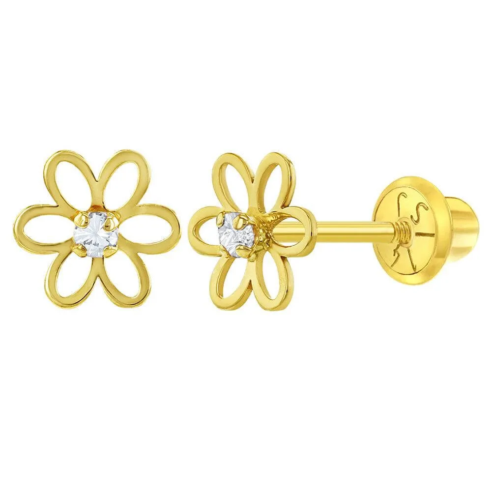 Open CZ Flower 14k Gold Plated Baby Children Screw Back Earrings