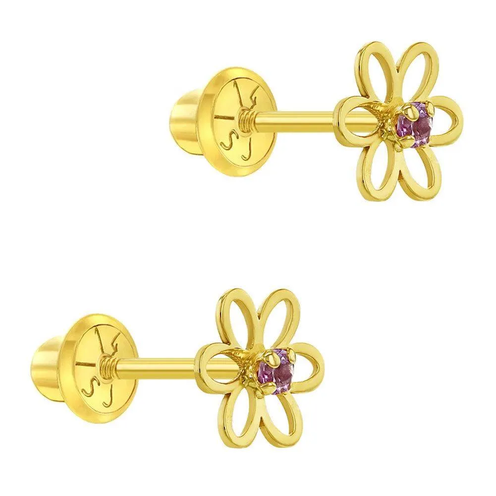 Open CZ Flower 14k Gold Plated Baby Children Screw Back Earrings