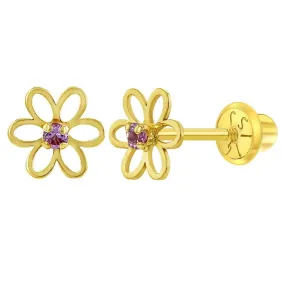 Open CZ Flower 14k Gold Plated Baby Children Screw Back Earrings