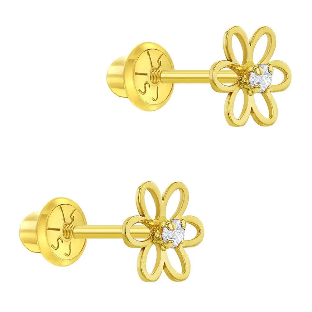 Open CZ Flower 14k Gold Plated Baby Children Screw Back Earrings