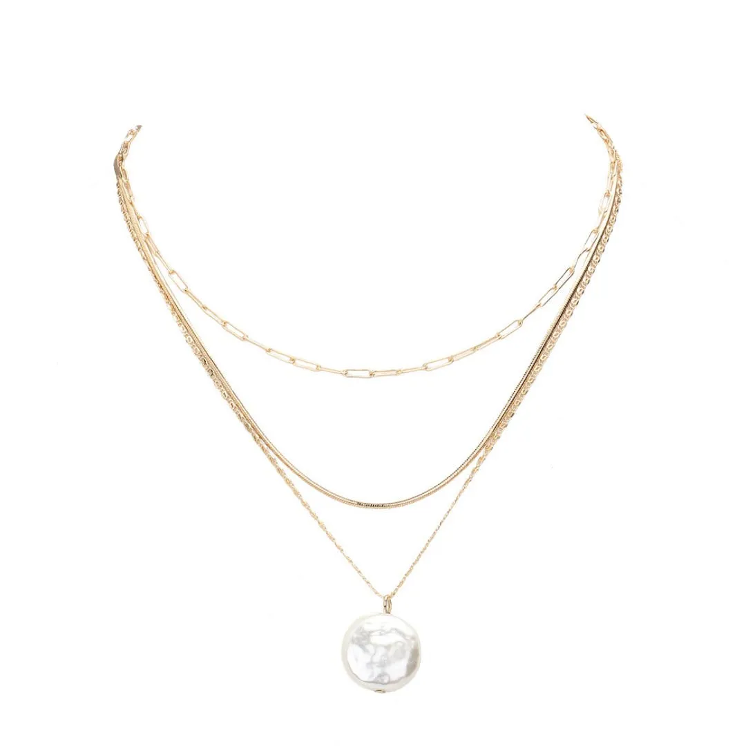 Pearl Pendant Triple Layered Necklace